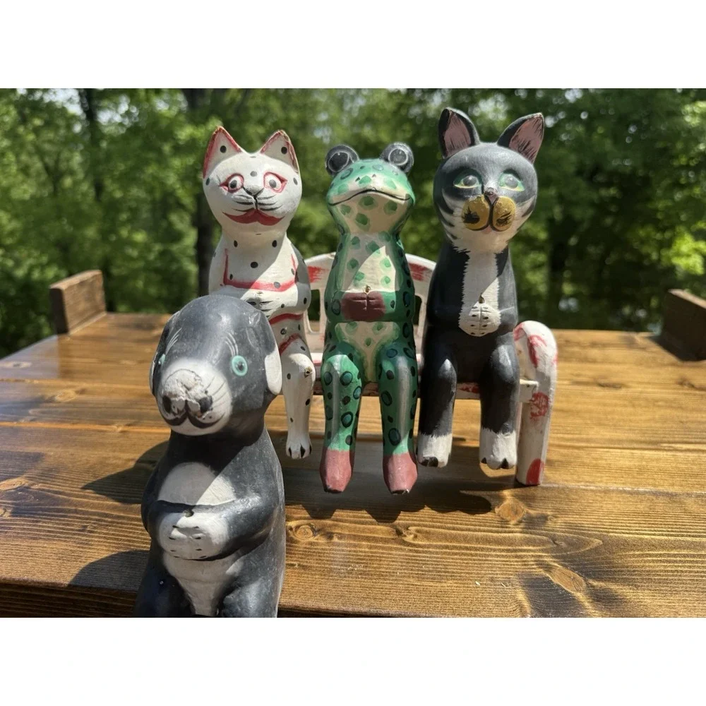 Vintage Hand Carved Wood Folk Art Animals Cat Frog Dog Indonesian Set